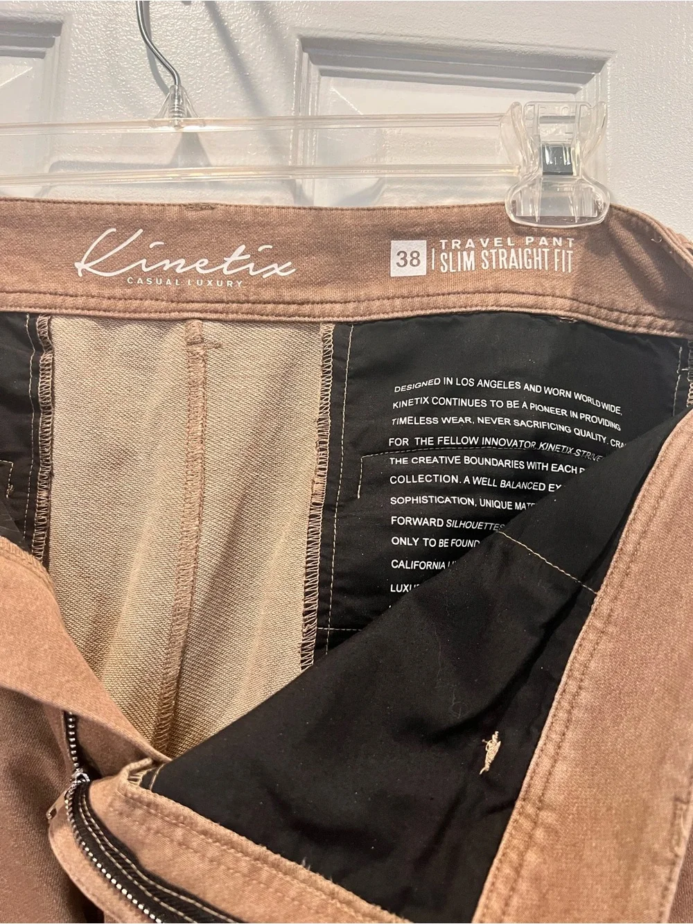 Kinetix Casual Luxury Travel Pant Slim Straight Fit Size 38 Brown Tan Chino